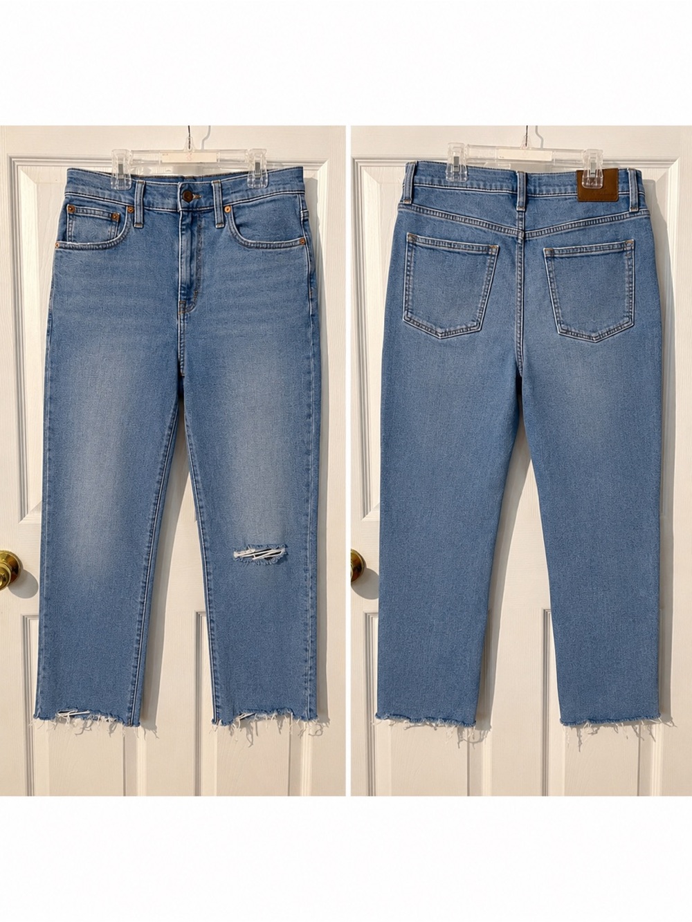 Madewell Light Blue Boyfriend Crop Jeans with Distressed Knee